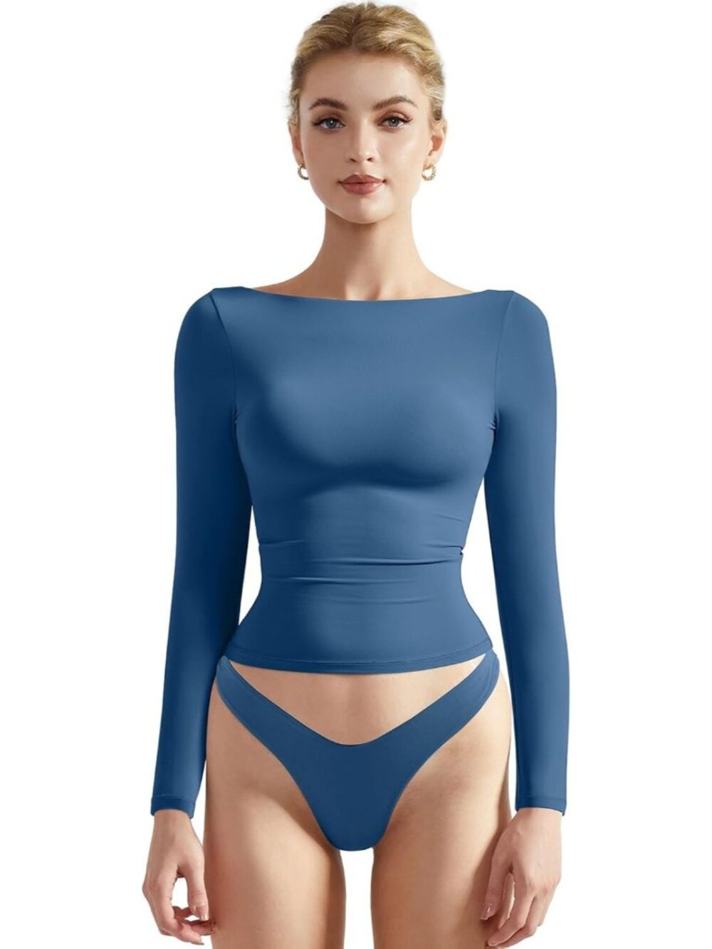 Women's Blue Crew Neck Long Sleeve Crop Top Double Lined Fitted Shirt